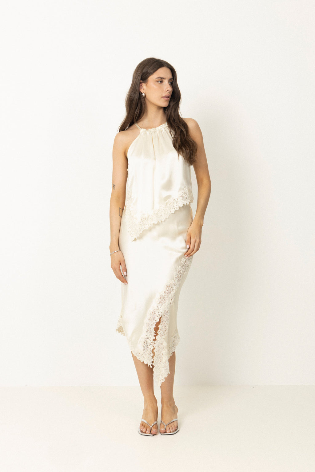 Heylin Pearl Asymmetric Lace Hem Midi Skirt