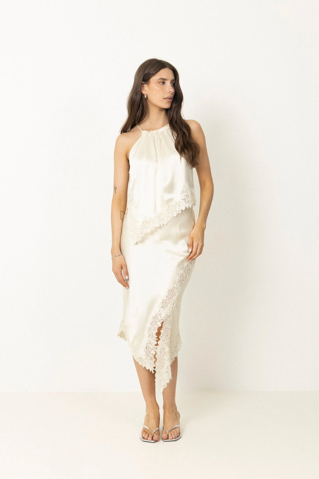 Heylin Pearl Asymmetric Lace Hem Midi Skirt